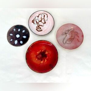 4 Vintage Enamel Over Copper Dishes Coasters Various Sizes MCM Abstract